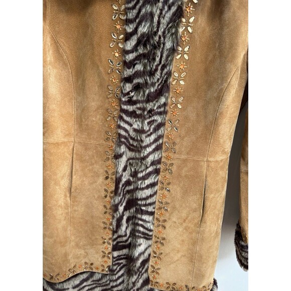 VTG 70s Suede Shearling Faux Fur Coat Jeweled Trim Zebra Penny Lane Afghan 12 L - Picture 7 of 11